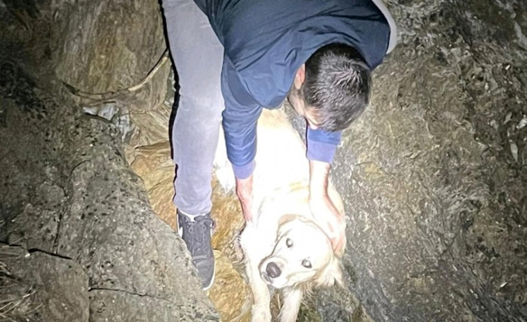 La Guardia Civil rescata a un perro que se encontraba en una grieta de Punta Vicaño, en Sanxenxo, a escasos metros del agua