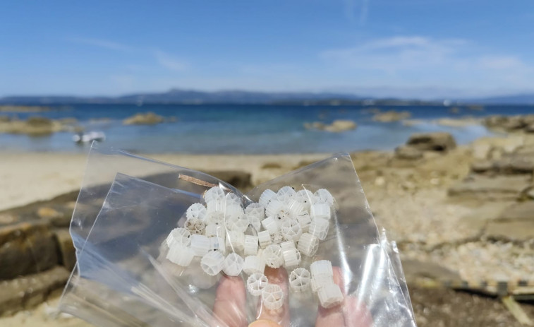 Los voluntarios que trabajan en la retirada de plásticos en playas de O Grove recibirán a Montse Prado