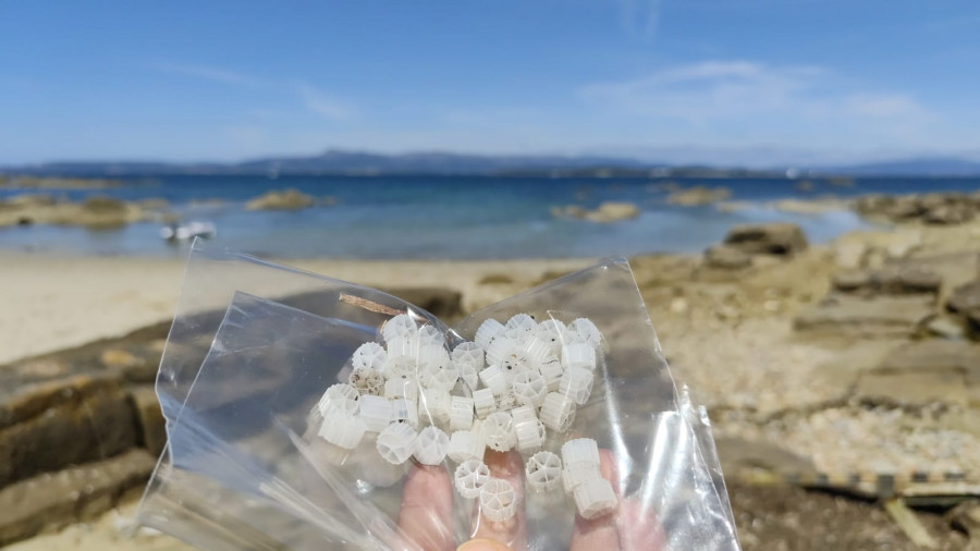 Los voluntarios que trabajan en la retirada de plásticos en playas de O Grove recibirán a Montse Prado