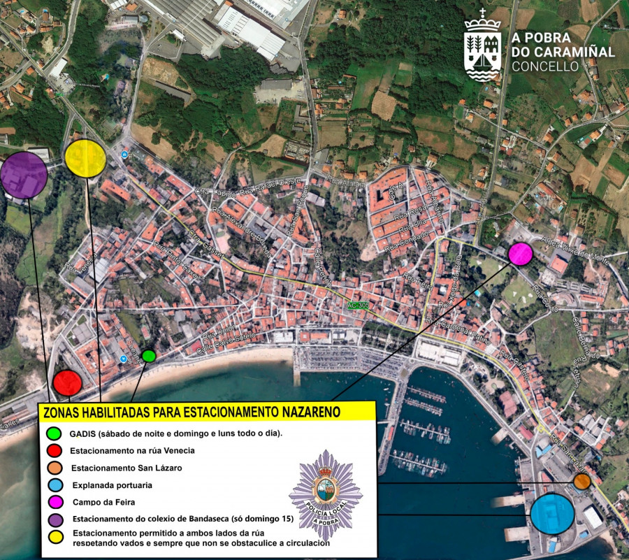 A Pobra activa siete zonas de estacionamiento provisional para las Festas do Nazareno